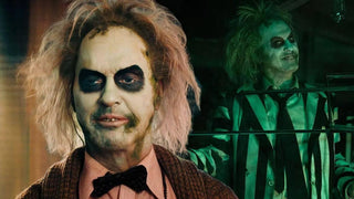 Beetlejuice character in black and white striped suit from the classic Tim Burton movie