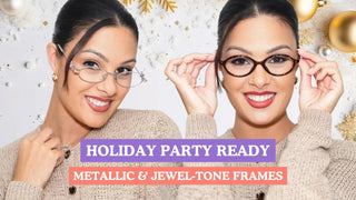 A smiling woman wearing silver embellished eyeglasses and tortoiseshell oval frames beside holiday ornaments.