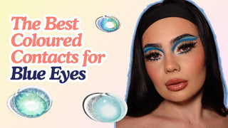 Woman with blue eyeshadow beside three blue contact lenses and text The Best Coloured Contacts for Blue Eyes.