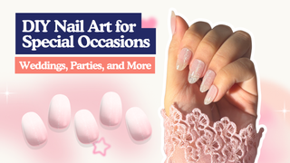 Hand with sheer glitter almond nails beside pink ombre gel nails and text about DIY nail art for special occasions.