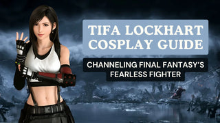 Tifa Lockhart cosplay guide banner featuring the character in her combat outfit against a dark landscape.