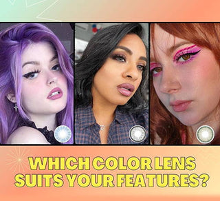 Three women model different colored contacts alongside blue, gray, and green lens swatches.