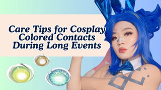 A cosplayer with a blue wig beside green, hazel, and aqua cosplay colored contacts.
