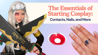 A cosplayer wearing anime cosplay makeup beside a red contact lens and pale manicured nails.