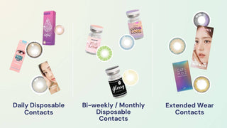 Daily, monthly, and extended wear colored contacts shown with boxes, glass vials, and lenses.