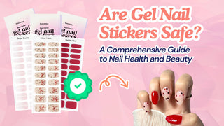 Eyecandys gel nail stickers sheets beside a hand with red and cherry nail art on a pink background.