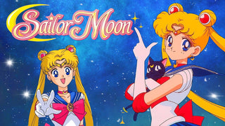 Sailor Moon in her sailor suit poses with Luna the cat against a starry blue sky beside the Sailor Moon logo.