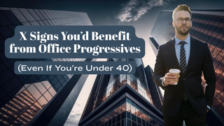 A man in glasses and a suit holds coffee before skyscrapers with text about benefits of office progressives.