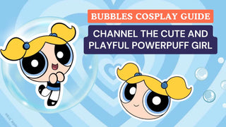 Bubbles cosplay guide text with cartoon illustrations of Bubbles on a blue heart patterned background.