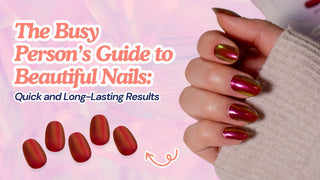 A hand wearing glossy iridescent red chrome press on nails beside loose oval nail tips.