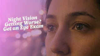 Close-up of eyes at night reflecting blurred streetlights and car headlights, representing night vision problems and the need for an eye exam