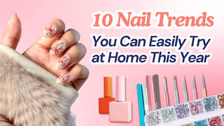 Hand with glitter and red bow nail designs beside nail polish bottles, files, brushes, and rhinestones.