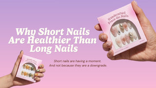 Pair of hands with short glossy nude-pink EyeCandys press-on nails resting on a blush background