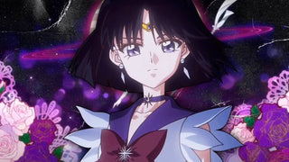 Sailor Saturn in her purple sailor saturn outfit against a cosmic background with purple roses.