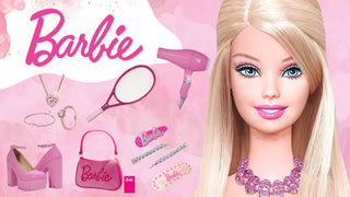Blonde Barbie doll with pink Barbie costume accessories including platform heels, a purse, jewelry, and a tennis racket.