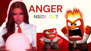 Cosplayer as Anger from Inside Out with red skin, white shirt, red tie, and fiery makeup. The image compares the cosplayer to the animated character, capturing Anger's iconic look and expression.