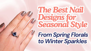 Hand with silver glitter nails and a ring beside text for seasonal nail designs.