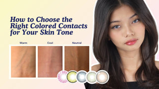 Woman wearing blue colored contacts beside five lenses and skin undertone swatches.