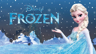 Animated Elsa with a blonde braid and blue dress next to the Disney Frozen logo against snowy mountains.
