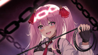 Yuni Nikke with pink pigtails and heart-shaped pupils smiles while holding a black whip.