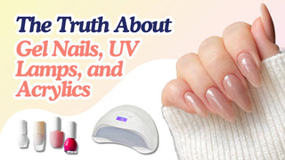 A close-up of manicured hands with gel nails, a UV nail lamp, and nail polish bottles, emphasizing the topic of health and safety in nail treatments such as gel nails, UV curing, and acrylics.