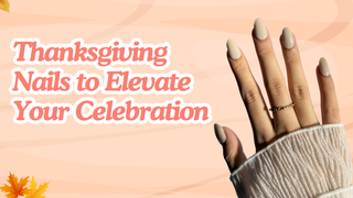 Hand with glossy nude almond nails beside text reading Thanksgiving Nails to Elevate Your Celebration.