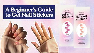 Hands with pink butterfly ombre nails beside Eyecandys gel nail stickers packages for a beginner guide.