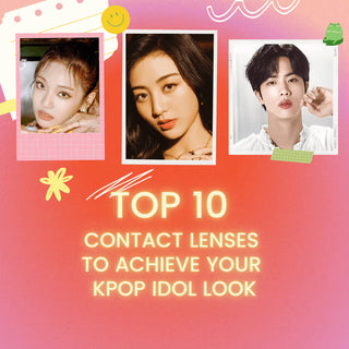 Top 10 kpop contact lenses guide to achieve your idol look with three idol portraits on a pink background.