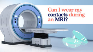 An MRI machine beside contact lenses with text asking about wearing contacts during MRI.