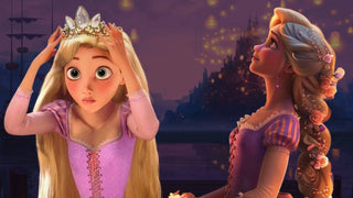 Rapunzel with green eyes wearing a tiara beside a profile view of her flower-braided hair at night.