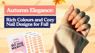 Hand showing peach almond nails alongside Tangerine Cream gel nail stickers for elegant fall nails.