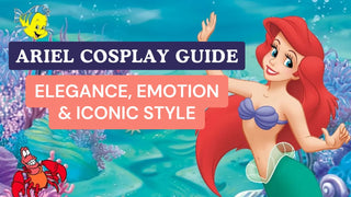 Ariel cosplay guide banner featuring Ariel, Flounder, and Sebastian in an underwater coral reef.