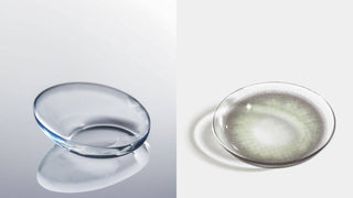 A clear contact lens on the left and a green patterned circle lens on the right.