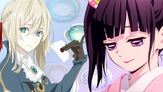 Anime characters with blue and purple fantasy eye colors beside turquoise and violet contact lenses.
