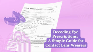 Two purple contact lenses on a contact lens prescription form on a lilac background.