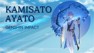 Kamisato Ayato from Genshin Impact holding a glowing sword against a blue sky and floral circle.