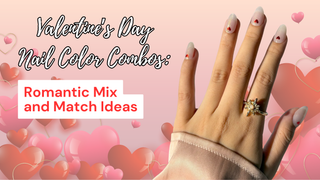 Milky almond nails accented with red hearts beside text about nail color combos on a pink heart background.