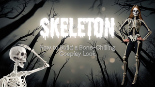 Woman in a skeleton cosplay bodysuit and face paint beside a skeleton model against a spooky dark forest.