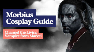 Morbius cosplay guide banner with a pale vampire featuring glowing red eyes, fangs, and pointed ears.