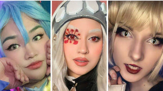 Three cosplayers wearing vibrant green, red, and yellow cosplay contacts with detailed eye makeup and wigs.