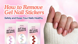 Guide on how to remove gel nail stickers with EyeCandys semi-cured nail sticker packs and a glossy pink manicure.
