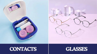 A contacts vs glasses comparison showing an open blue contact lens kit alongside three round metal frame glasses.