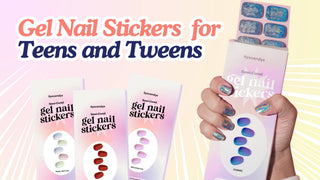 A hand holds EyeCandys semi-cured gel nails for teens with glitter strips beside pastel nail sticker boxes.