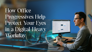 A man wearing glasses sits at a dual-monitor desk with text about how office progressives protect eyes.