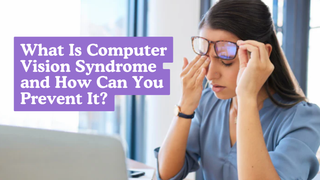 Woman lifting tortoiseshell glasses and rubbing her eyes by a laptop with computer vision syndrome text.