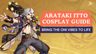 Arataki Itto cosplay guide title banner featuring Itto with white hair, red horns, and club on a gold background.