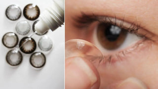Eye drops dripping onto colored contacts alongside a torn contact lens held in front of a brown eye.
