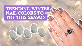 Hand wearing silver glitter winter nail colors next to five matching nail swatches on a festive bokeh background.