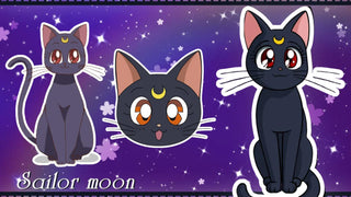 Three cartoon illustrations of Luna, the black cat from Sailor Moon, with a yellow crescent moon on a starry background.
