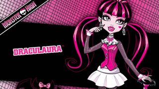 Monster High Draculaura with pink and black pigtails in her signature pink vest and white Draculaura outfit.